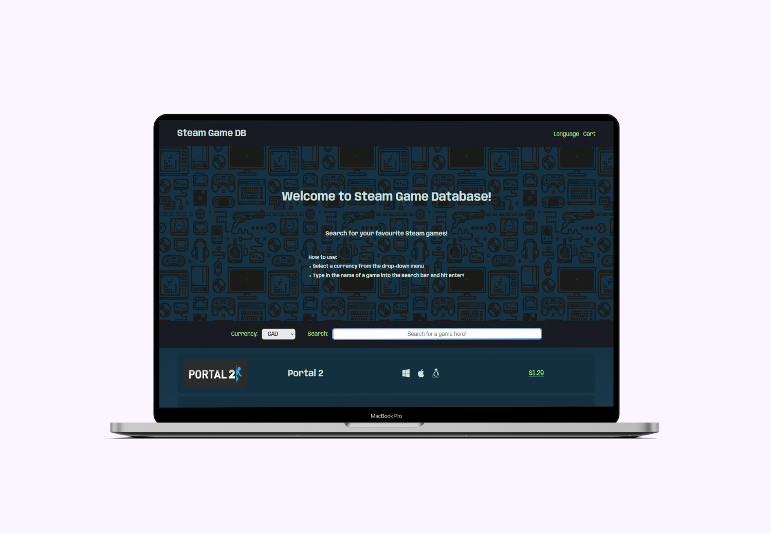 Macbook mockup of Steam Database project